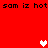 Red background with repeated black text "sam iz hot" and three pixelated hearts in white and pink.