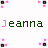 Pixelated text 'Jeanna' repeated three times in green and pink, surrounded by pink and black pixel clusters on a white background.