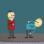 Pixelated animation of two characters in red and blue shirts performing sequential actions against a teal background.