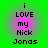 Green background with pink gradient center displaying 'i LOVE my Nick Jonas' text in pixelated font across four