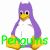 A purple penguin with yellow beak and feet stands against a white background, each frame showing different colored text below it.