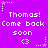Purple background with repeated white pixel text 'Thomas! Come back soon' and heart symbols, surrounded by star-like decorations.