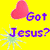 Yellow background with pink heart and purple text 'Got Jesus?' on left, red heart with yellow text 'I Do!' on right.