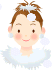 Pixelated cartoon girl with brown hair in a bun, light blue frilly collar, and pink cheeks; four variations show shifting white bubble positions around her head.