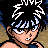 Pixelated anime character with spiky black hair and blue highlights, wearing a dark sleeveless top, against a black background with white and blue text.