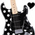 Two black electric guitars with white dots on fretboards face each other, separated by a solid black heart symbol.