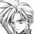 Pixelated grayscale image of a stylized anime character with spiky hair and closed eyes, rendered in a low-resolution, blocky style with high contrast between light and dark areas.