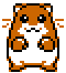Two pixelated orange and white hamster-like characters with black outlines, one standing still with arms at sides, the other in a raised pose.
