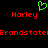 Green pixelated heart symbol above red text reading 'Harley' twice and 'Brandstate' twice on black background.