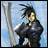A 48x48 pixel buddy icon featuring a stylized anime character with spiky black hair and golden face, holding a large sword against a blue sky background on the left side of a contact sheet; right side shows "Anime IM" text logo in white pixelated font on black background with smaller "c0m" text below