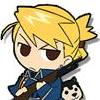 Chibi-style character with spiky blonde hair tied in a ponytail, dark brown eyes, blue jacket, and a black-and-white dog-like creature on the shoulder.
