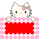 Pixelated white cat with pink bow and green accents, holding a red rectangular frame bordered by pink hearts on gray background.
