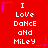 Red background with white pixelated text reading "I Love Dance and Miley" repeated in three , surrounded by purple star-shaped decorations