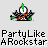 Pixel art character with green hair and white face holding black guitar with red strings, repeated in with text "PartyLike ARockstar" below each