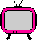 Nine pixel-art televisions with pink frames, black antennas and legs, displaying various screen states including blank gray, white, horizontal stripes, and rainbow bars.