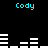 Pixelated cyan text "Cody" appears above and below white horizontal bars on a black background, with bar patterns changing across frames.