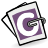 Pixelated square icon with black border, white background, and purple spiral design centered on a gray backdrop.
