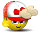 Animated yellow circular character wearing red and white cap with checkered brim, waving hand in four sequential poses.