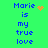 Green background with blue pixelated text reading "Marie is my true love" and orange pixelated symbols changing across frames.