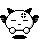 Pixelated white character with black accents, closed eyes, and a small mouth on gray background, showing two distinct poses.