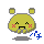 Pixelated yellow doll avatar with gray ears and blush, showing two expressions with blue motion lines on left side.