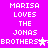 Pixelated text on bright pink background reads 'MARISA LOVES THE JONAS BROTHERS!' with star and exclamation mark variations across repeated lines.