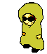 Pixel art character in yellow hooded cloak with black sunglasses, blue pants, and yellow-and-blue checkered chest; red-haired variant appears below.