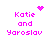 Pixelated pink text 'Katie and Yaroslav' with animated heart or starburst symbols above the names on a white background.