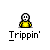 Animated contact sheet of a pixel art buddy icon showing sequential frames with a stick figure character and floating skull icons, all labeled "Trippin'" below each frame.