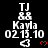 Pixelated text and symbols on black background with red heart icons, showing repeated patterns of 'TJ', '&&', 'Kayla', and '02.15.10' with arrow and heart symbols.