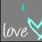 A static icon with gray background, white cursive 'love' text, and cyan heart outline; top-left corner shows partial cyan letter.