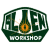 A pixelated icon split into two sections: left shows a dark green hexagonal shape with 'FLY' and 'WORKSHOP' text, right displays bright green cursive text on dark green background.