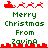 Pixel art Christmas-themed icon with red sleigh and reindeer above green text reading "Merry Christmas From Zavina" on white background.