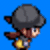 Pixelated character with dark gray cap, brown scarf, and yellow chest emblem in three poses against blue background.