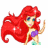 Pixelated character with long red hair, purple top, and teal shoes in a static pose.