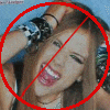 A static image shows a person with long brown hair and red lipstick, wearing bracelets on their wrist, overlaid with a large red circle and diagonal line. Red pixelated text repeats 'YOU SUCK AVRIL...', 'AVRIL...', 'get over it!', and 'YOU' across the black background.