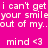 A static image with a bright pink background displays repeated white text reading "i can't get your smile out of my." followed by "mind <3" in a pixelated font.
