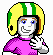 Pixelated character with yellow-green striped helmet and pink shirt making hand gestures