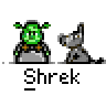 Animated contact sheet of 12 Shrek and Donkey pixel art frames with text bubbles, showing character expressions and actions in a gray background grid layout.