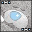 A pixelated cartoon eye with a light blue iris and white highlight, set against a gray textured background with small dark spots.