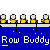 Pixelated of yellow figures with gray heads on blue background, each figure holding a black oar-like object