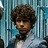Pixelated image of a person with curly brown hair in a light suit and bow tie against a blue striped background, with yellow text on a maroon field.