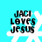Four identical pixelated icons display "JACI LOVES JESUS" text over a white starburst on cyan background, each with slight visual distortion.
