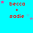 four and four of identical red text 'becca + sadie' on a bright cyan background, each with scattered pink and light blue stars