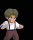 Pixelated character in white shirt and brown pants performs a sequence of actions including standing, punching, falling backward, and landing prone with fiery effect.