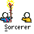 Pixel art sorcerer character with white spherical head, blue robe, and brown staff holding yellow flame or cyan energy effects