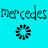 A static 48x48 pixel buddy icon with cyan background, repeating 'mercedes' text in dark blue and a circular loading spinner below the text.