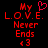 Red pixelated text on black background reads 'My L.O.V.E. Never Ends' with a pink heart symbol above 'My' and a red '3' below 'Ends'.