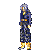 Pixel art character in blue outfit with yellow accents, shown in multiple poses including standing and surrounded by golden aura.
