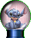 Stitch character in a snow globe with pink background, blue base, and yellow collar visible.